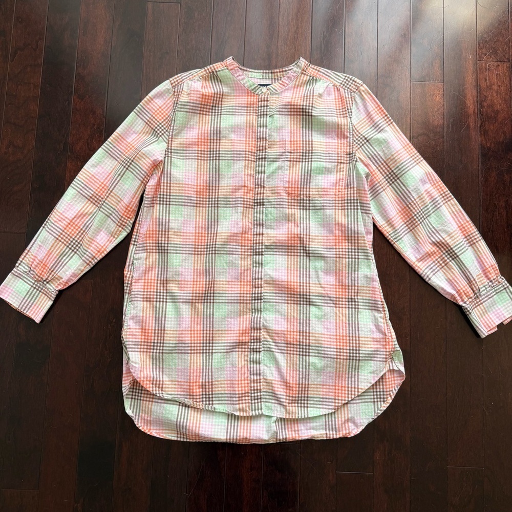 Lands' End Women’s Button Tunic Blouse Flannel Size L Plaid Pockets Easter Long